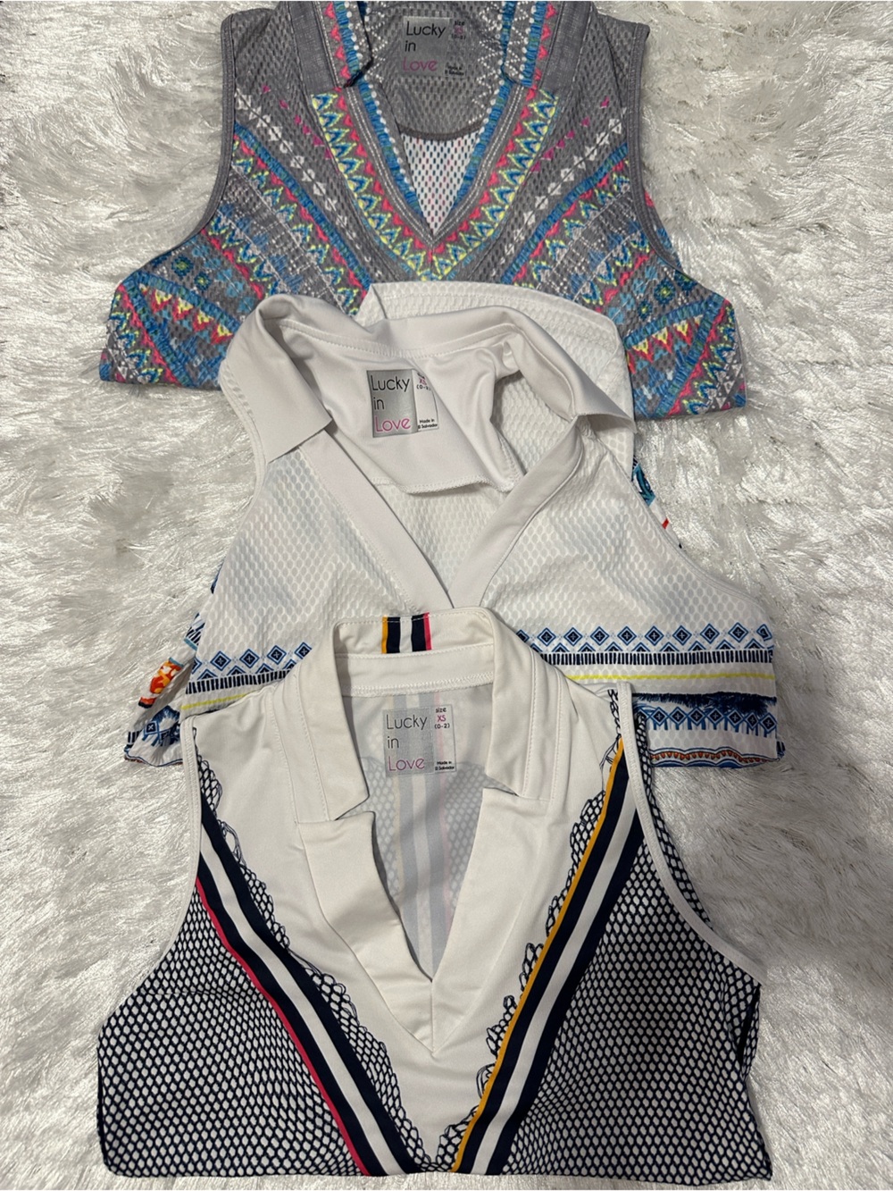 Lucky in Love White Sleeveless Polo Tank with Multicolor Patterned Stripes